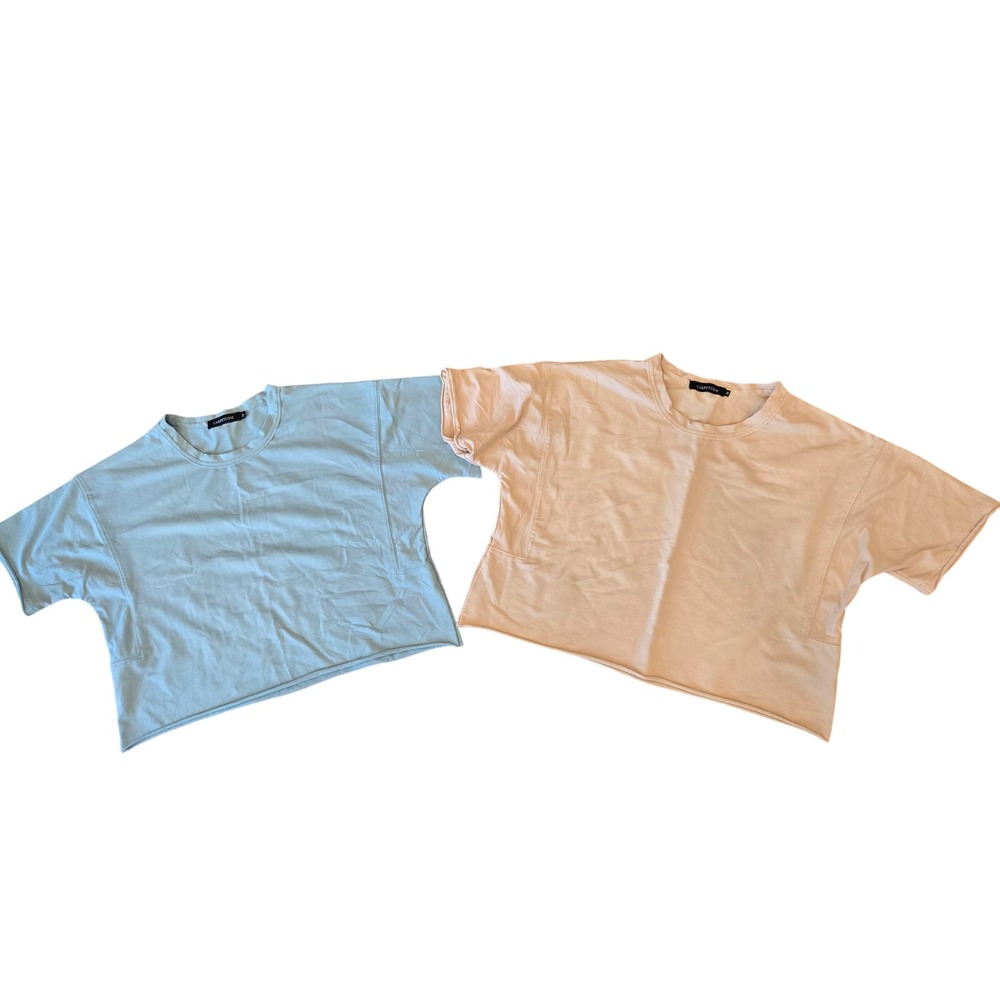 Carpetcom Womens Crop Top T-Shirt 2 Pack Blue Beige Tan Boxy Raw Hem Size M
